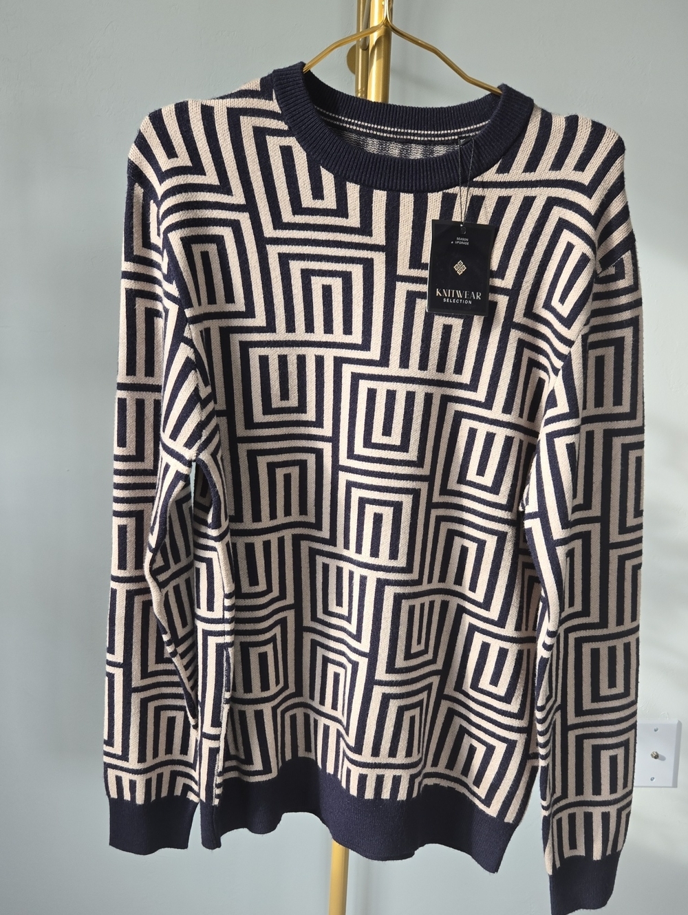 Denim & Flower Black and Cream Geometric Crewneck Sweater